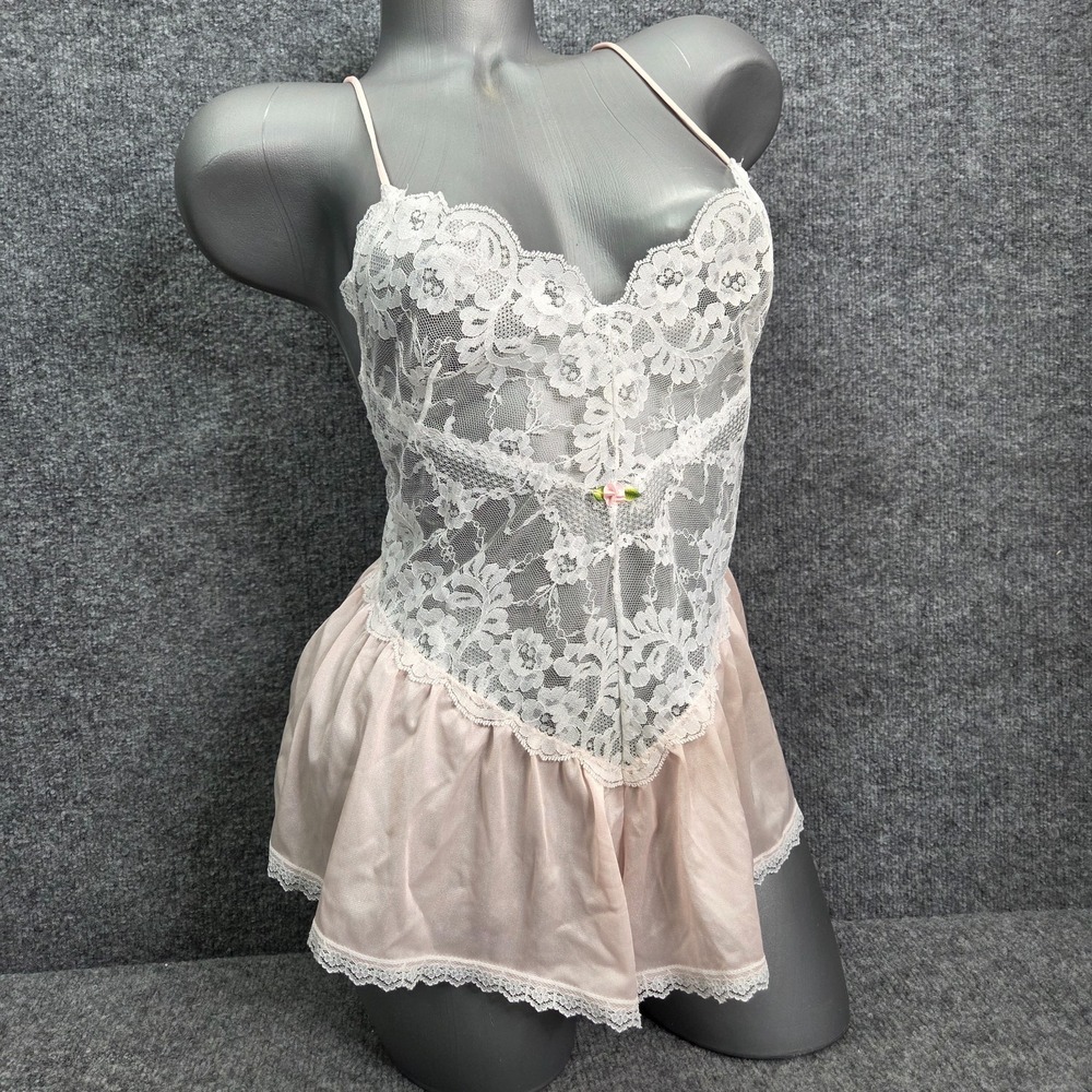 Vintage Undercover Wear Lingerie Large Pink White Lace Satin Nightie Coquette